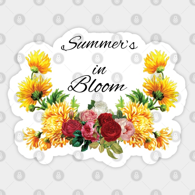 Summer's in Bloom, Red, Pink Roses with Yellow Flowers Sticker by tribbledesign